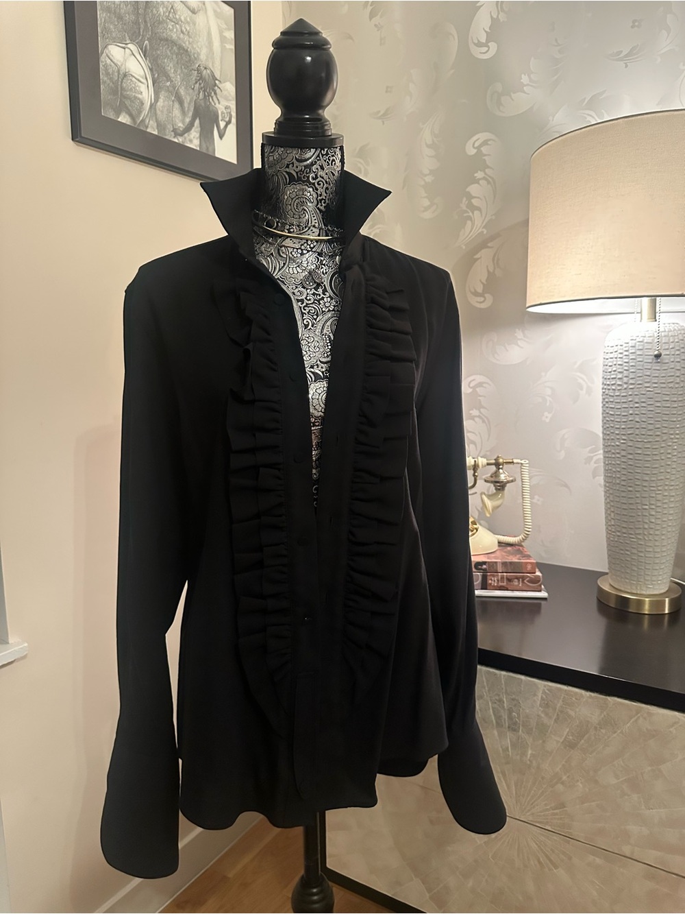 Zara Black Ruffle-Front Button Down Shirt